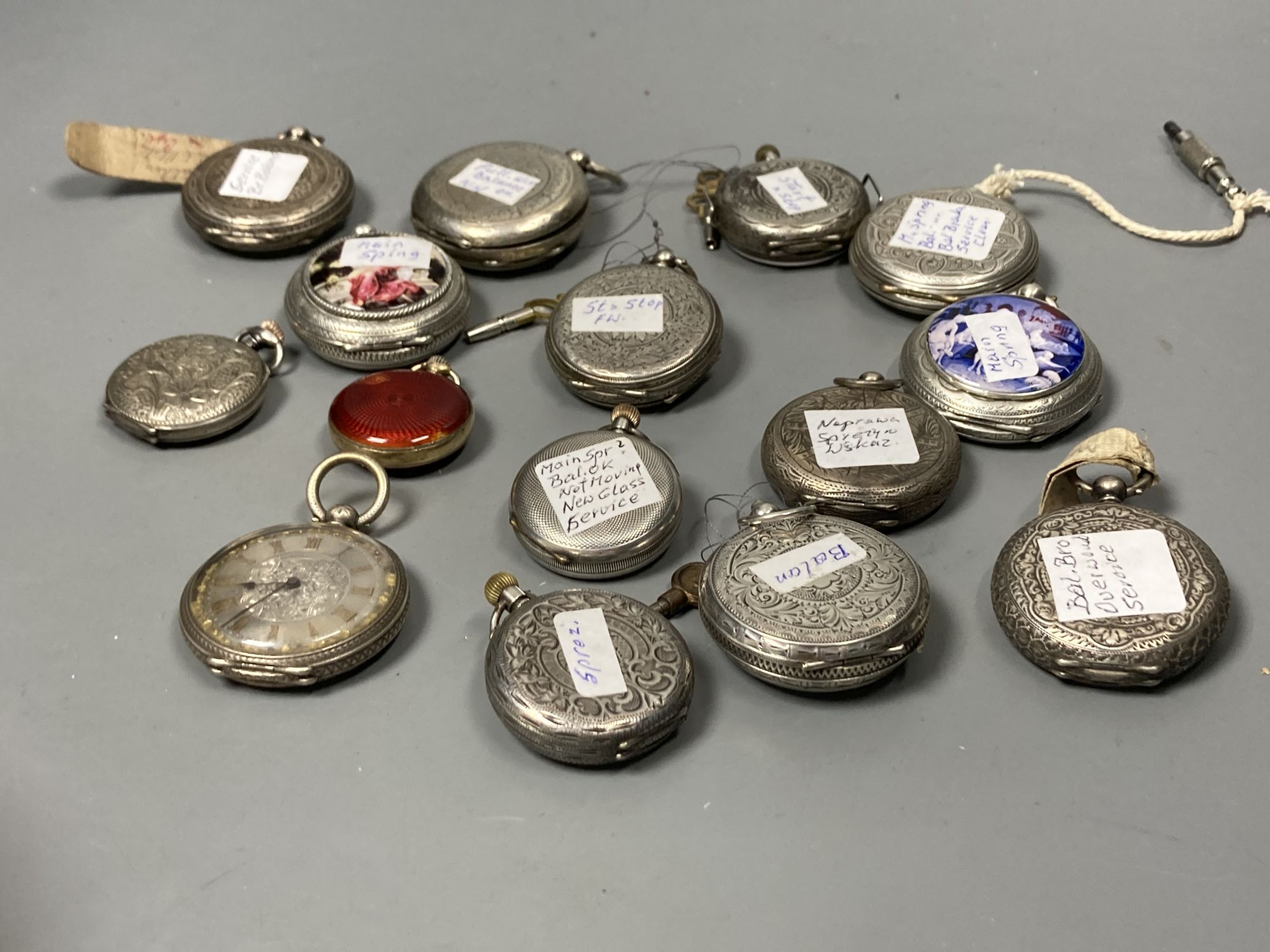 Fifteen assorted early to mid 20th century white metal fob and pocket watches including four with enamel (a.f).